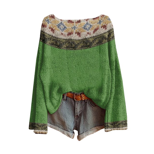 WTXUE Chandail Rétro Fair Isle Vintage à Imprimé Artistique pour Femme, Chemisiers Légers, Hauts Boho, Chandails Décontractés à Imprimé Léopard en Tricot, Chandail à Manches Longues à Col Rond, Hauts Bohémiens, Vert TTG