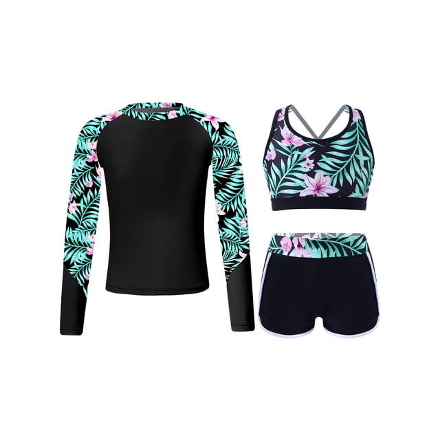 Manyakai 3Pcs Girls Tankini Rashguard Swimsuit Set Long Sleeve Swim Shirt Crop Top with Swim Trunk Lily 10
