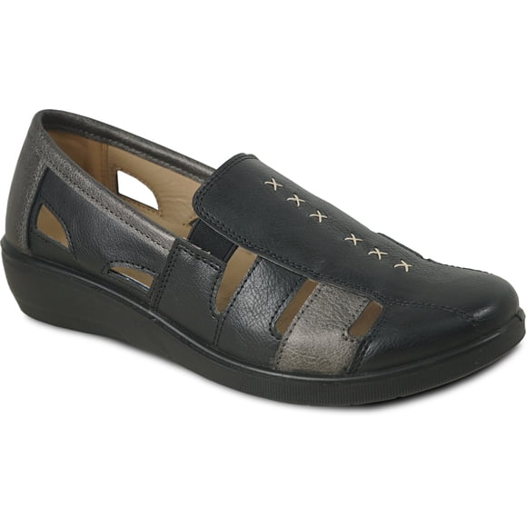 kozi Chaussures Décontractées Confortables pour Femmes, Mocassin à Enfiler à Talon Compensé OY3236 avec Bout Rond, Double Bout, Semelle Intérieure Amovible, Noir