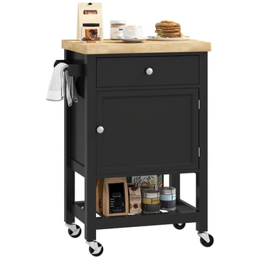 HOMCOM Kitchen Cart on Wheels with Towel Rack, Drawer and Cabinet, Black