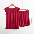thumbnail image 2 of AherBiu Ensembles de Pyjama Grande Taille pour Femmes 2 Pcs Col Ras du Cou Manches Courtes à Revers Hauts à Volants avec Shorts de Pyjama Vêtements d'Intérieur Vêtements de Nuit, 2 of 7