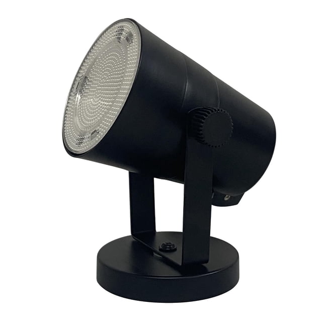 Mainstays Wall Spotlight in black with a cylindrical adjustable head on a round base, featuring a textured lens cover and gear on/off switch, ideal as a wall sconce for focused, energy-efficient LED lighting in small spaces.
