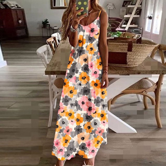 Ovzne Robes Grande Taille pour Femmes aux Formes Robe pour Femme Robes d'Été pour Femmes Imprimé Sans Manches Col Rond Robe Décontractée Longues Robes Robe de Vacances Imprimée Liquidation