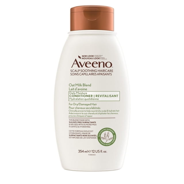 AVEENO Oat Milk Blend Conditioner for Daily Moisture in a white 354 ml bottle with a brown flip-top cap, sulfate-free and infused with almond milk to nourish dry or damaged hair and soothe the scalp, ideal for daily hydration and gentle hair care.