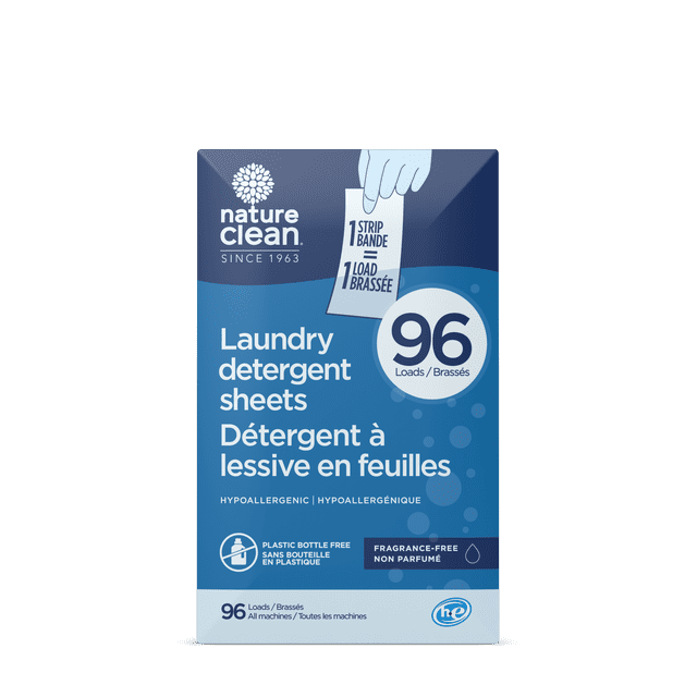 Nature Clean Détergent Feuilles à Lessive Sans Parfum 96 Brassées dans une Boîte Rectangulaire Bleue avec Texte Bilingue Anglais et Français, Comprenant une Formule Hypoallergénique et Biodégradable, un Emballage Sans Bouteille en Plastique, Testé par des Dermatologues, et Convient à Toutes les machines, Y Compris à Haute Efficacité.