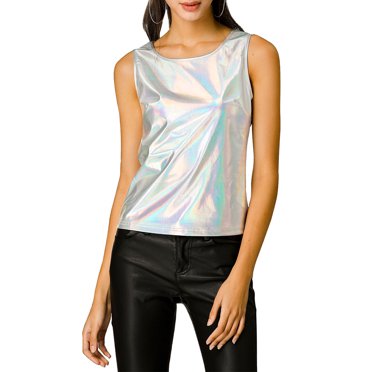 INSPIRE CHIC Camisole Métallique pour Femme Halloween Boîte de Nuit Fête Brillante Scintillante Holographique Cami Top TG Argent Rose