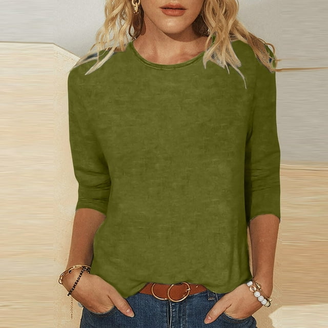 CHUANK T-Shirt Ajusté à Col Rond Mignon pour Femmes, Décontracté, Mi-Long, Manches 3/4, Blouse Extensible, Basique, Uni, Hauts