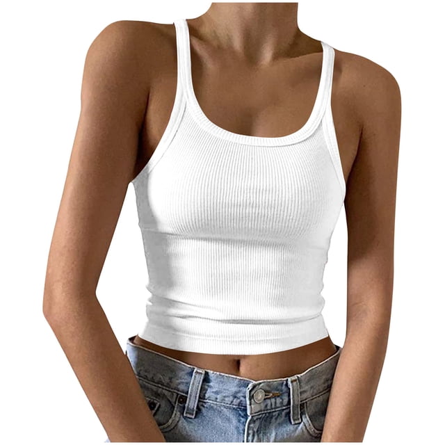 Timegard Women's Tank Tops Square Neck Ribbed Camis Slim Casual Workout Sleeveless Top Blouse Basic Tee in white. The tank top features a square neckline, ribbed texture, and a slim fit design. Made from a blend of polyester fiber and spandex, it is soft, elastic, and lightweight, ideal for casual daily wear or workouts. The sleeveless design with wide shoulder straps ensures breathability and comfort. Shown paired with denim jeans.