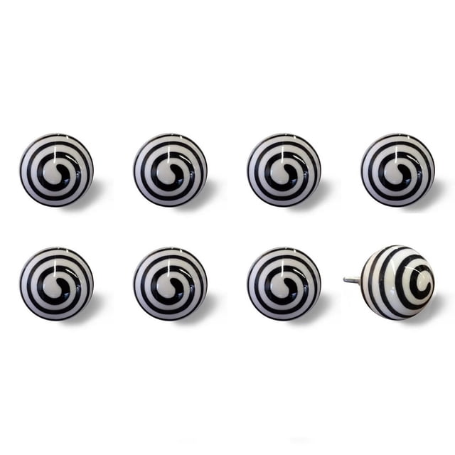KNOB-IT vintage handpainted ceramic knobs 8 pack featuring black and white spiral design on round 1.5 inch diameter ceramic knobs with 1.25 inch bolts, arranged in two rows on white background, ideal decorative cabinet hardware for drawers and cupboards.
