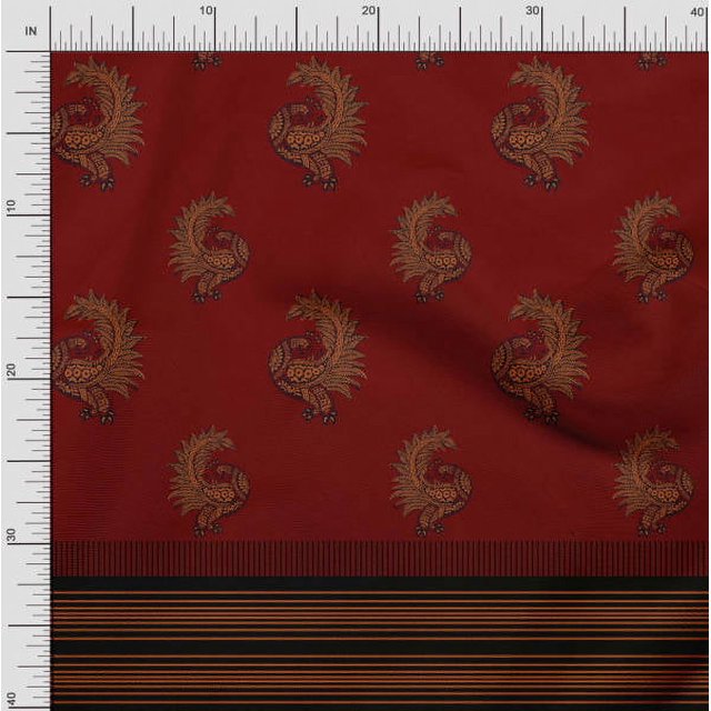 Soimoi Moss Georgette Fabric Stripe & Peacock Panel Print Fabric by Yard 42 Inch Wide