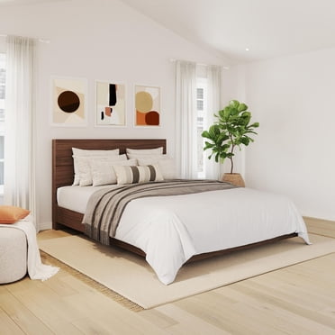 Nexera Celebri-T Platform Bed and Plank Effect Headboard, Walnut