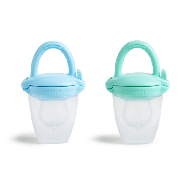 Distributeur d'Aliments pour Bébé en Silicone, Lot de 2 (Bleu/menthe) avec Deux Mangeoires en Silicone Souple Bleu et Vert Menthe, Dotées Chacune d'Une Poignée Ergonomique, d'Un Capuchon à Pression et de Petits Trous pour un Sevrage Sans Dégâts par Stimulation Cutanée et un Apaisement des Gencives.