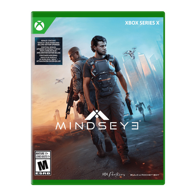 MindsEye Xbox Series X game cover showing two armed characters in tactical gear standing back-to-back in a near-future desert city with drones and robotic enemies, representing the narrative-driven action-adventure thriller gameplay.