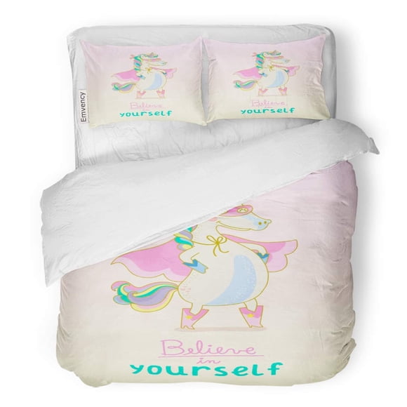 RYLABLUE 3 Piece Bedding Set Pink Beautiful Superheroe Unicorn Believe in Yourself Cartoon Child Cute Twin Size Duvet Cover with 2 Pillowcase for Home Bedding Room Decoration