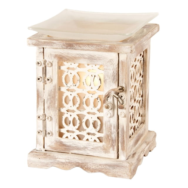 ScentSationals Full Size Warmer - Holden with a rustic whitewashed wooden frame featuring circular cutout patterns on the front and sides, a metal latch door, and a frosted square glass dish on top for melting scented wax cubes, softly glowing from the 25W light inside, suitable for adding ambiance and fragrance to indoor spaces.