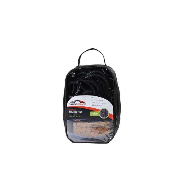 SmartStraps 60" Bungee Cargo Net with 24 adjustable plastic hooks in a black zippered storage bag with handle, designed to secure cargo on trucks, vans, and SUVs, featuring stretchable netting and durable coated junctions to protect cargo and vehicle surfaces.