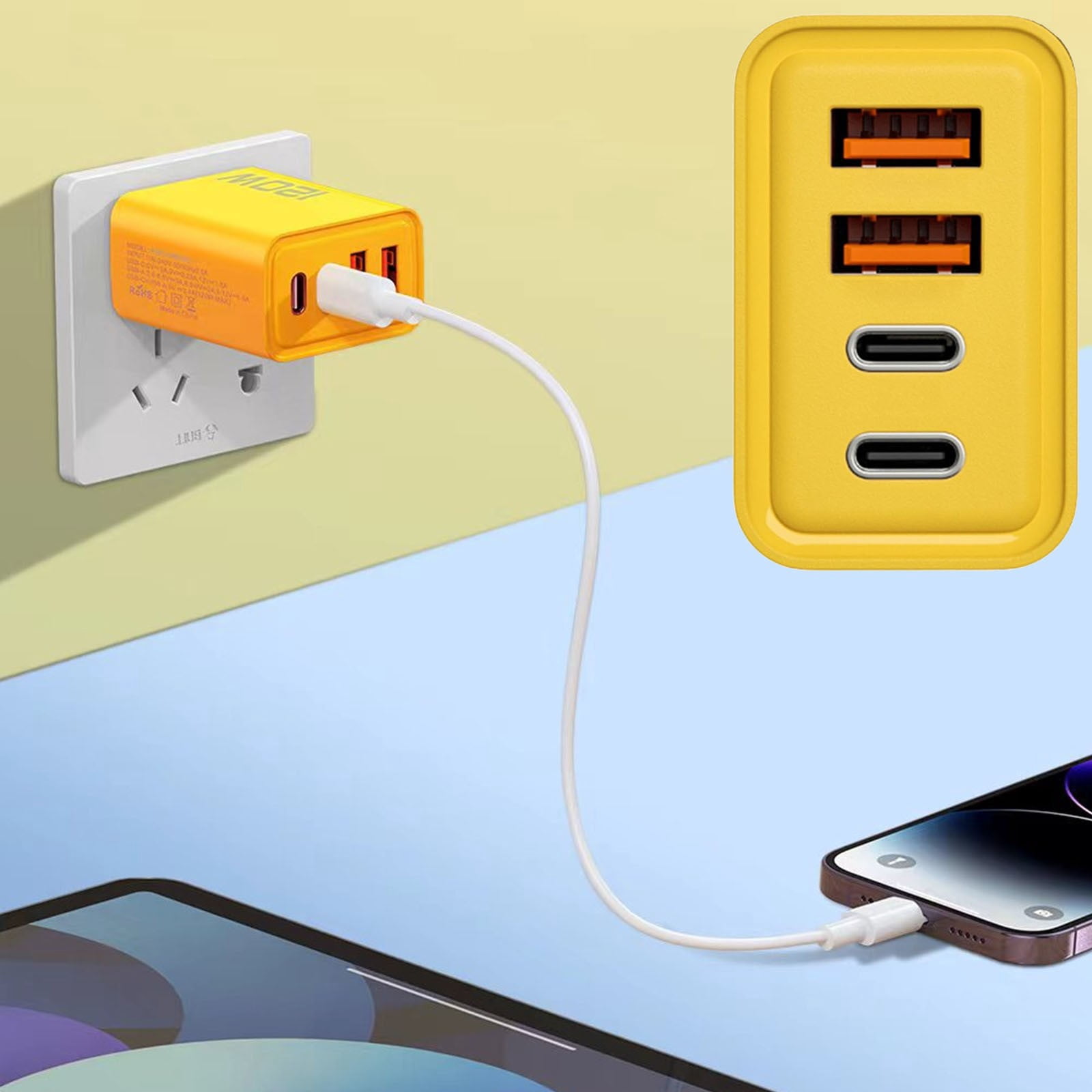 Cell Phone Charger, 120w USB Multiport, Fast Charger, Portable, Type-C Pd, Smart Chip, Multi-device, 4 Ports, Safe, Efficient