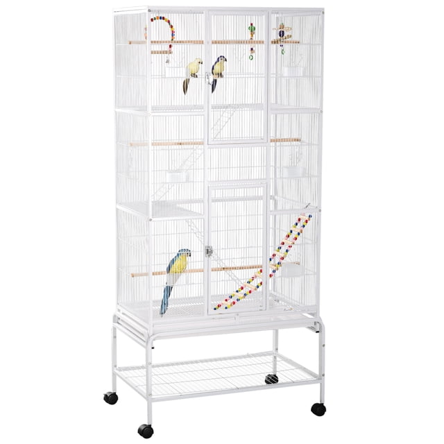PawHut Cage à Oiseaux de 71 Pouces avec Roues, Perchoirs, Rampe, Tablette de Rangement, Jouets, Blanc. une Cage à Oiseaux Spacieuse en Acier Blanc avec Plusieurs Perchoirs, Jouets Colorés et une Rampe pour Que les Oiseaux Jouent et Se Reposent. Comprend un Plateau Coulissant pour un Nettoyage Facile, des Contenants pour Nourriture et Eau, et une Tablette de Rangement Inférieure. la Cage Est Montée sur Quatre Roues, Deux avec Freins, pour une Mobilité Facile. Convient aux Chardonnerets, Canaris, Perruches, Perruches et Cacatoès