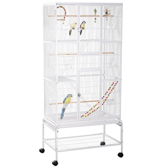 PawHut Cage à Oiseaux de 71 Pouces avec Roues, Perchoirs, Rampe, Tablette de Rangement, Jouets, Blanc