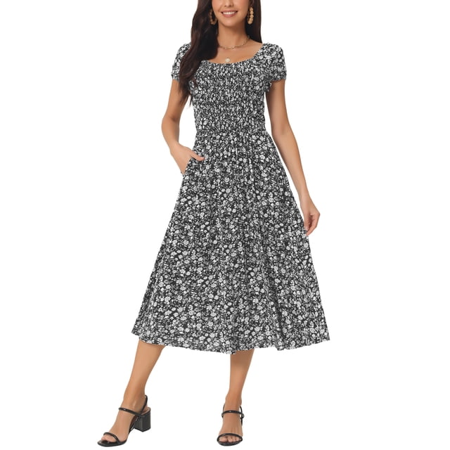 INSPIRE CHIC Robe Décontractée à Fleurs pour Femme avec Poches Col Ras du Cou Manches Courtes Boho Fluide Midi m Noir