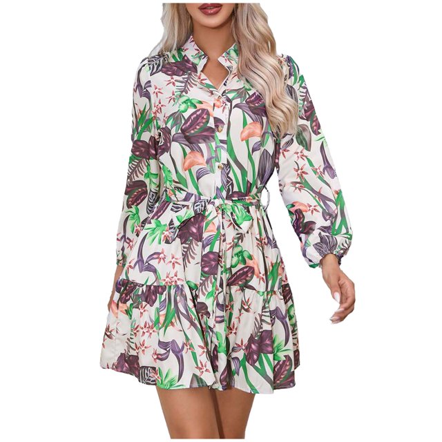 TJAZFJPA Robes Femmes Robe à Manches Longues Col Boutonné Lacée Robe Ligne A Fluide Mini Robe Florale Robe Midi Blanche