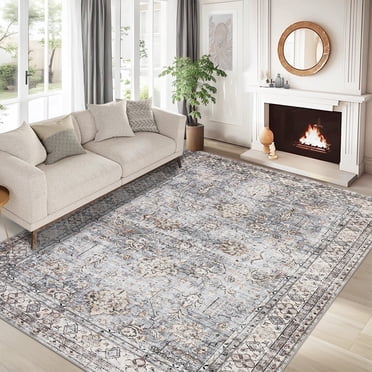 Garvee Tapis Vintage Persan 8'x10 Pieds pour Salon, Tapis Antidérapant Lavable à la Machine à Poils Courts, Tapis d'Intérieur Usé à Motif Floral pour Salle à Manger, Chambre, Bureau, Bleu