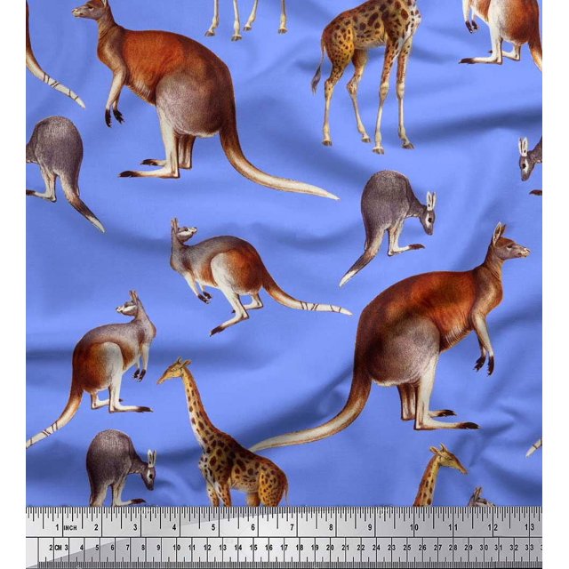 Soimoi Blue Rayon Fabric Kangaroo & Giraffe Animal Printed Fabric 1 Yard 42 Inch Wide
