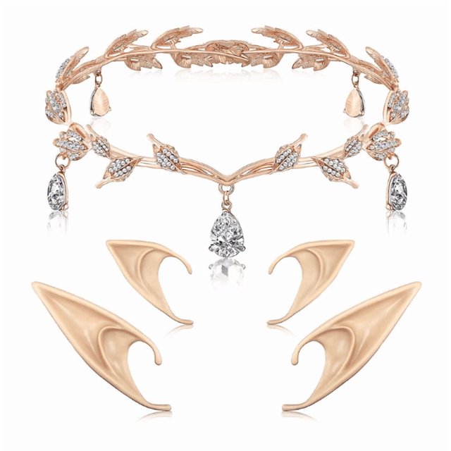 Rhinestone Leaf Wedding Tiara Crown Headband Cosplay Fairy Pixie Elf Ears For Brides Pageants Wedding Prom (rose Gold)_Special Gift