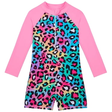 PMVFHDE Girls Swimsuit With Matching Hairband UPF 50+ Long Sleeve Bathing Suit Zipper Beach Rashguard Swimwear High Waisted Swimsuits for Girl Pink,7-8 Years