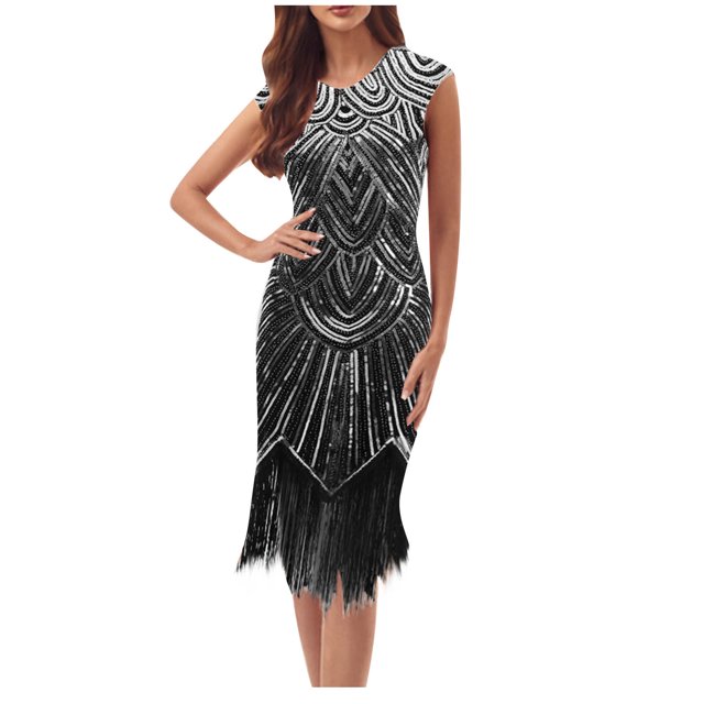 FcBaudy Robe Sans Manches à Épaules Dénudées, Robes d'Été pour Femmes Robe de Printemps et d'Été pour Femmes à Col Rond Sans Manches avec Paillettes et Franges, Robe de Fête, Banquet, Danse, Robe Courte, Robe pour Femmes
