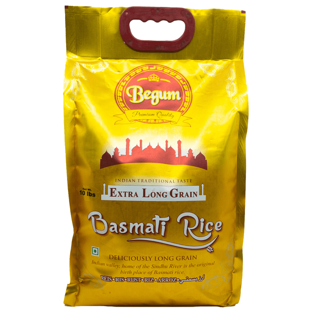Begum Basmati Rice, 10lbs, yellow bag with red handle featuring Indian traditional taste branding and extra long grain label, showing a red silhouette of Indian architecture, highlighting authentic Indian basmati rice with sweet natural aroma, fluffy texture, GMO- and gluten-free, ideal for biryanis, pilafs, and diverse cuisines.