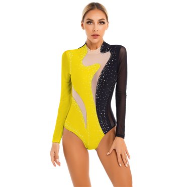 Yeahdor Womens Long Sleeve Rhinestone Mesh Splice Ballet Dance Gymnastics Acrobatics Leotards Bodysuit Black&Yellow XL