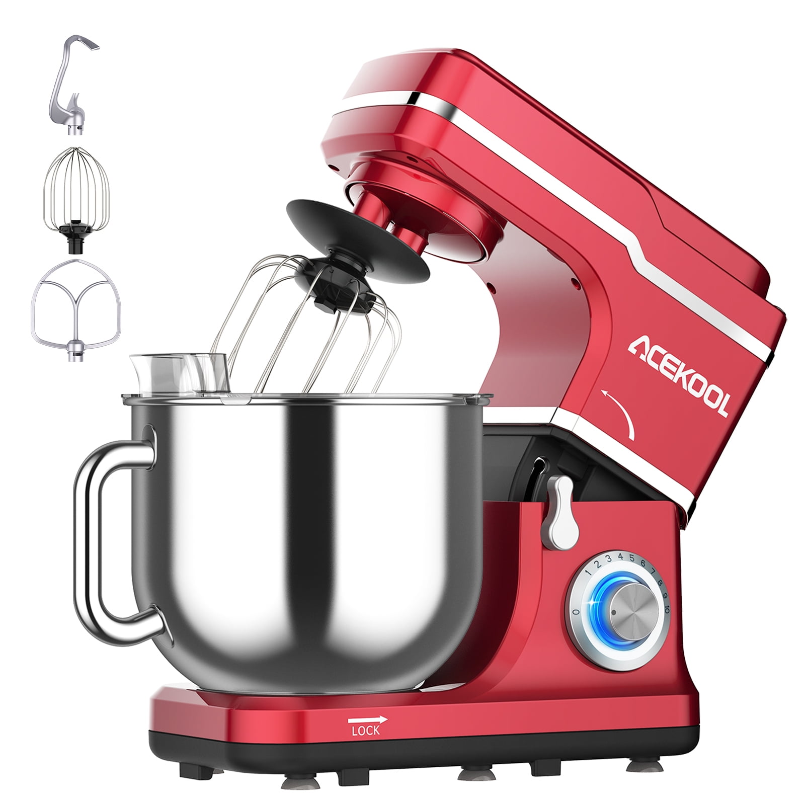 COZONY 7.5Qt Stand Food Mixer with Egg Whisk, Dough Hook, Beater, and Splash Guard, Red