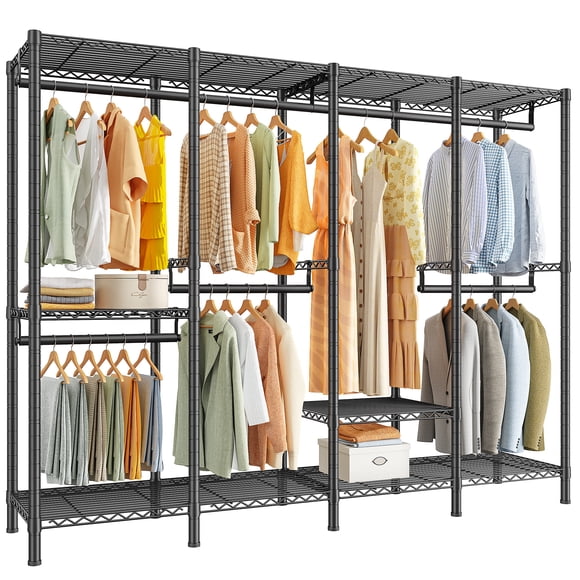 Exenoray 4-Column Closet Organizer System with Hanging Rods & Wire Shelves, Heavy Duty Metal Wardrobe Rack, Adjustable Storage Shelving Unit,76" W x 18" D x 77" H , Black