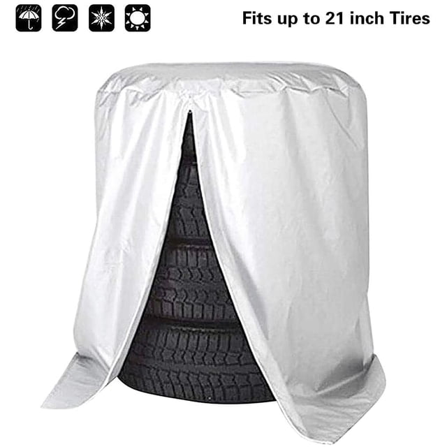 Tire Cover, Seasonal Tire Storage Bags made of 210D Oxford material in silver color, designed for winter storage. Suitable for tires with a diameter of 13 to 21 inches, offering waterproof and dust-proof protection. Universal fit for various car models, measuring approximately 81 x 117 cm. Ideal as a tire storage cover for seasonal use.