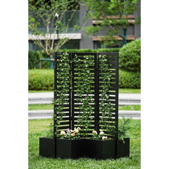 GOGRANT 3 Panel Privacy Screen with Planter Boxes, 51" Freestanding Metal Divider with 4 Self-Draining Planters & Trellis for Climbing Vines, Outdoor Garden Patio Backyard