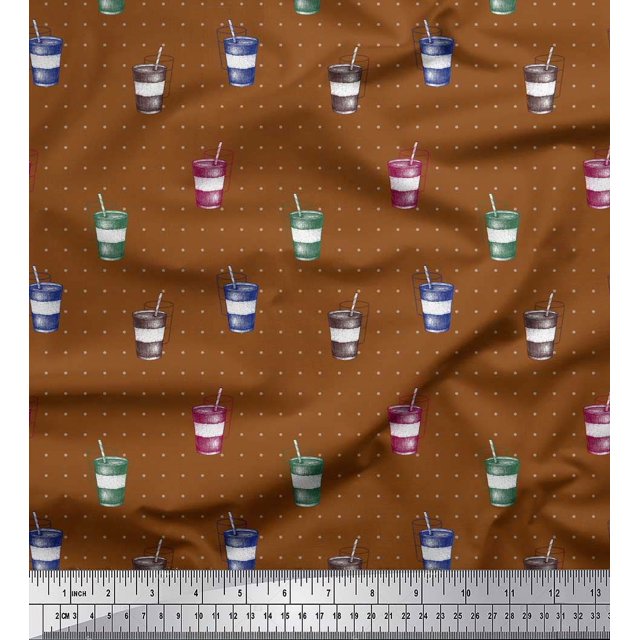 Soimoi Brown Rayon Crepe Fabric Coffee Glass & Dots Decor Fabric Printed Yard 46 Inch Wide