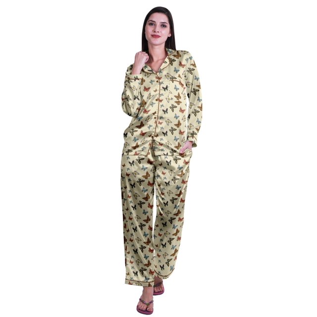 Moomaya Ensemble de Pyjama à Manches Longues et Shorts pour Femmes, Pyjama en Satin à Boutons pour Femmes