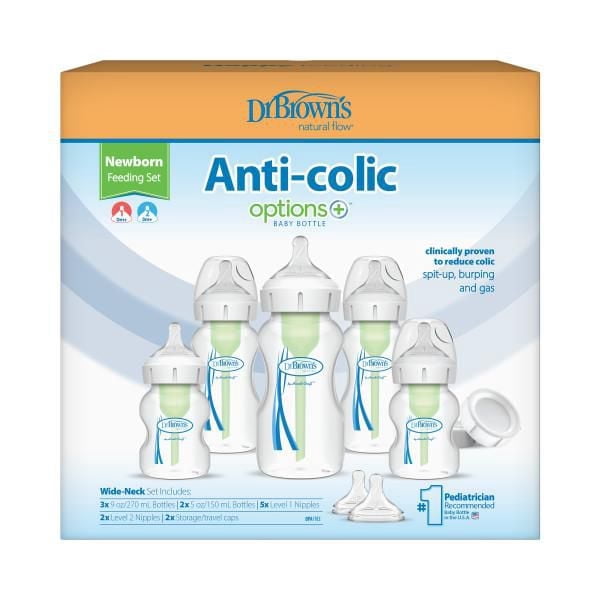 Dr. Brown's Anti-Colic Options+ Wide-Neck Baby Bottle Newborn Feeding Set with Baby Bottle Travel Caps