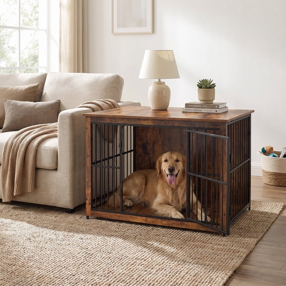 LEDREM Wooden Dog Crate Furniture with Double Doors, 48" Kennel Side Table for Large Dogs, Removable Tray, Rustic Brown