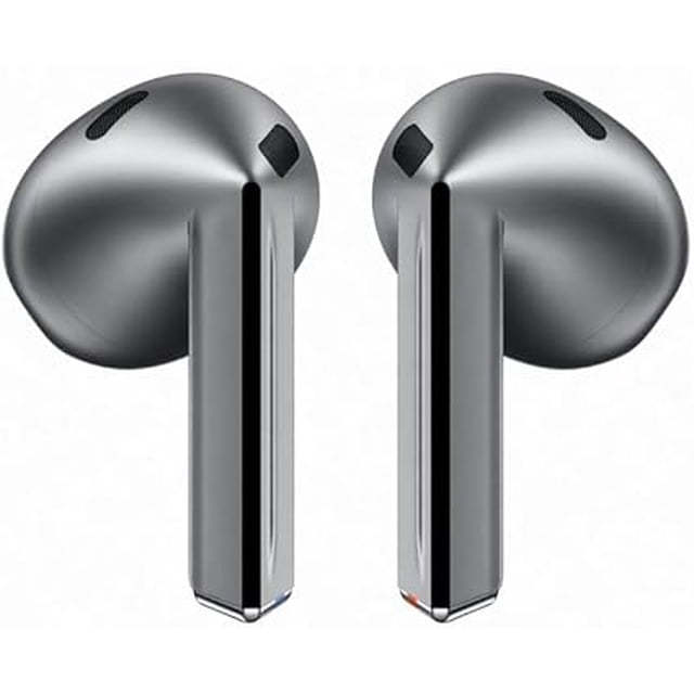 Samsung Galaxy Buds3 wireless Bluetooth earbuds in grey, featuring adaptive noise control, sweat and water resistance, and AI translator. The earbuds have a sleek, ergonomic design with built-in microphones for superior call clarity and an 11 mm diaphragm for immersive audio quality. Shown in a front-facing view with a metallic finish.