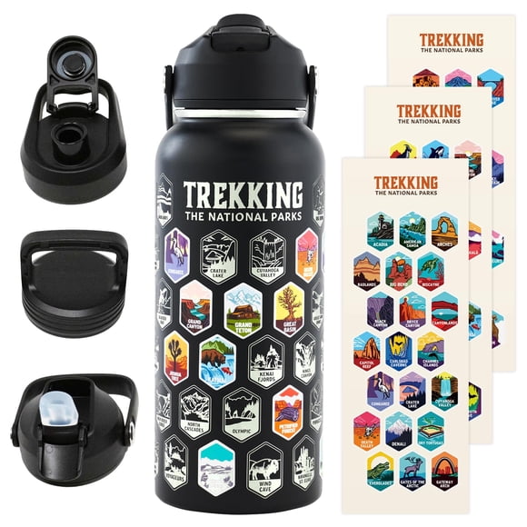 Trekking The National Parks Water Bottle with 63 Waterproof Stickers & 3 Lids (Straw, Spout, & Chug) | 32 Oz Insulated Wide Mouth Stainless Steel Bottle f