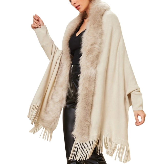 GDREDA Womens Solid Color Collar Cloak Knitted Capes Shawl Tassel Open Front Cardigans Sweater Coat Workout Clothes