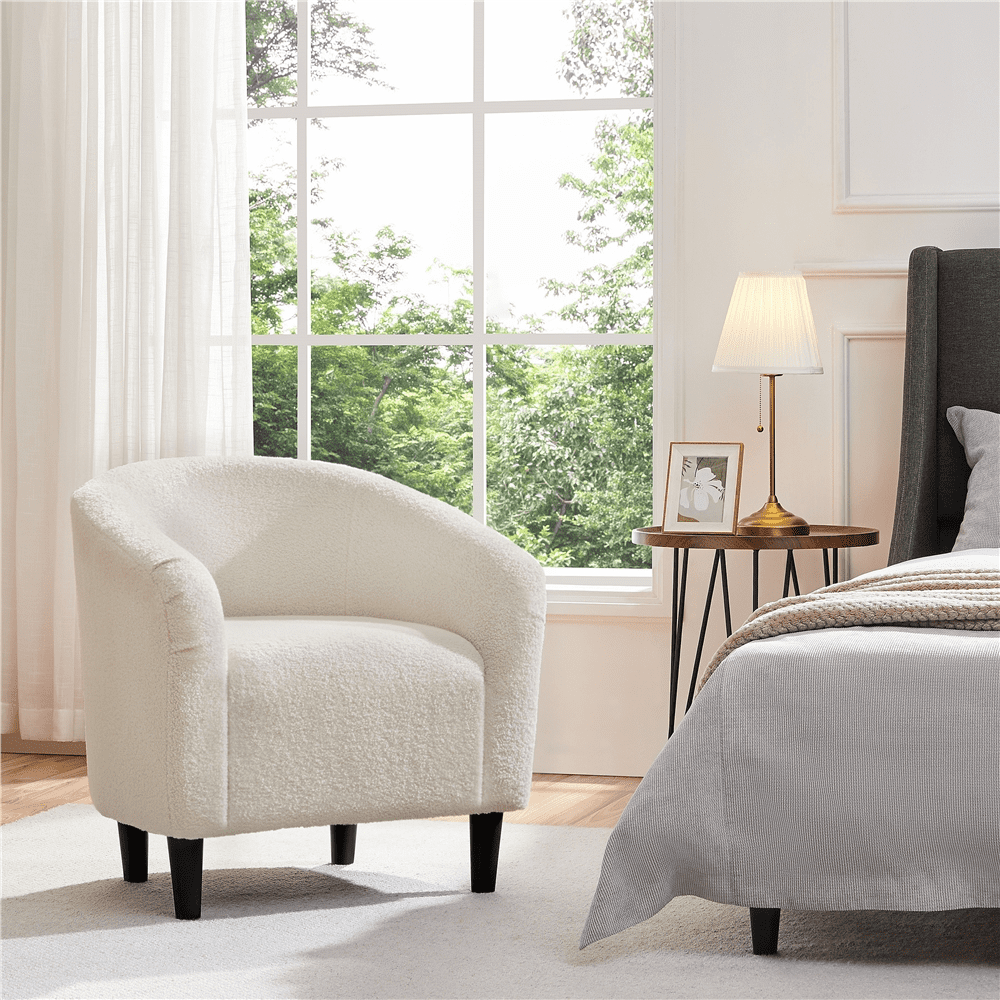 FullFurnique Fauteuil en Tissu Bouclette avec Dossier et Accoudoirs, Ivoire
