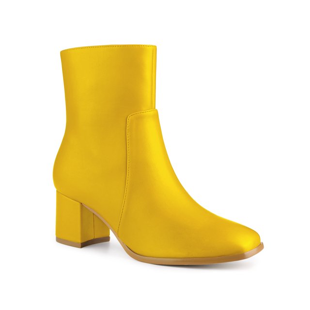 Unique Bargains Women's Square Toe Side Zip Block Heel Ankle Boots Yellow (Size 9)