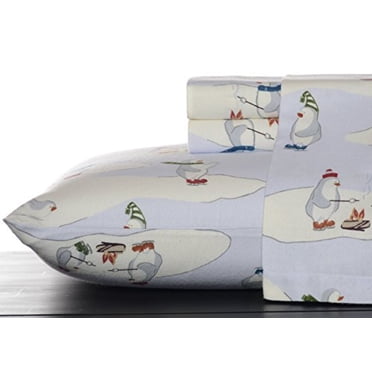 Eddie Bauer Skating Penguins Flannel Sheet Set King Blue