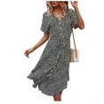 thumbnail image 4 of Robe Midi à Boutons pour Femme, Manches Courtes, Imprimé Floral, Ceinturée, Chemise Ample, Jupe, Mode Urbaine, Rose Rouge, P, 4 of 10