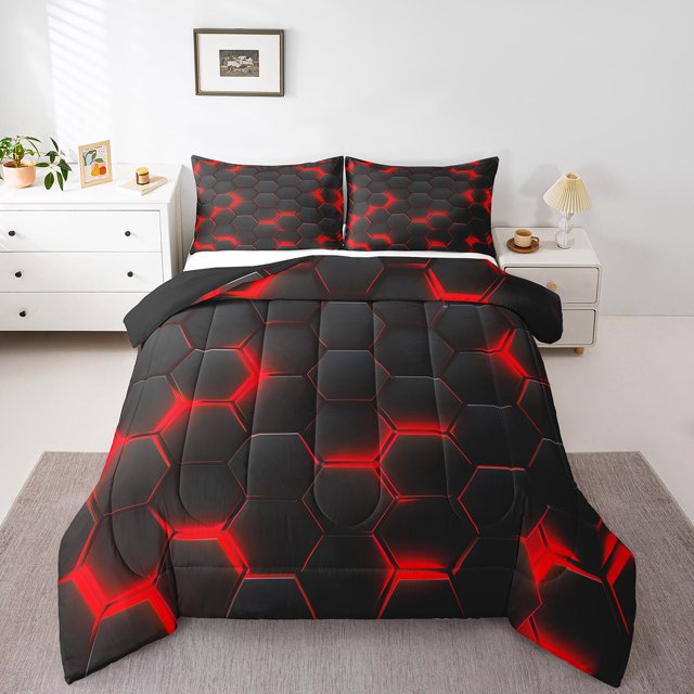 Ensemble de Literie à Imprimé Nid d'Abeilles Rouge pour Lit Simple pour Garçons Filles, Ensembles de Douillette Géométrique Ruche, Ensembles de Literie à Motif Hexagonal Noir, Insert de Couette Géométrie, Courtepointe à Carreaux Abstraite Moderne
