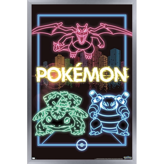 Pokémon - Neon Group Wall Poster, 14.725" x 22.375" framed featuring neon outlines of Charizard in pink flying above a multicolored city skyline, with green Venusaur and blue Blastoise below on a black background with a blue neon border and a Poké Ball icon at the bottom center, suitable for adding vibrant, themed décor to bedrooms or offices.