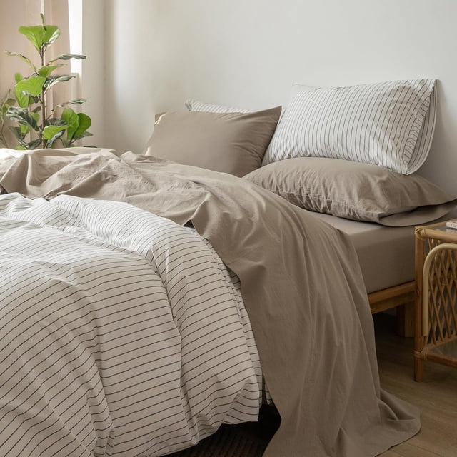 Bedding Sheet Set Washed Cotton Linen Like Textu Breathable Durable Soft Comfy (Dark Orange Queen)